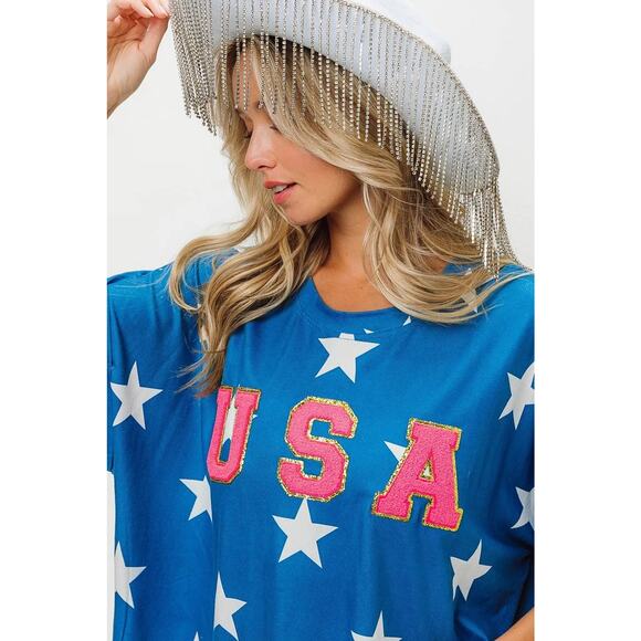 BiBi Fourth Of July Star Print with USA Patch Short Sleeves Knit T-Shirt | Blue - Picture 6 of 6